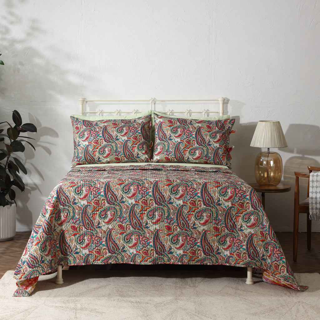 Whites of London Paisley Romance Percale Reversible Quilt Set– multicolour paisley bedroom New Zealand