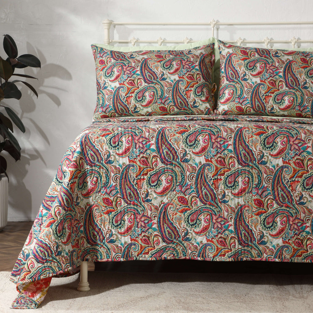 Whites of London Paisley Romance Percale Reversible Quilt Set– vibrant bohemian print New Zealand