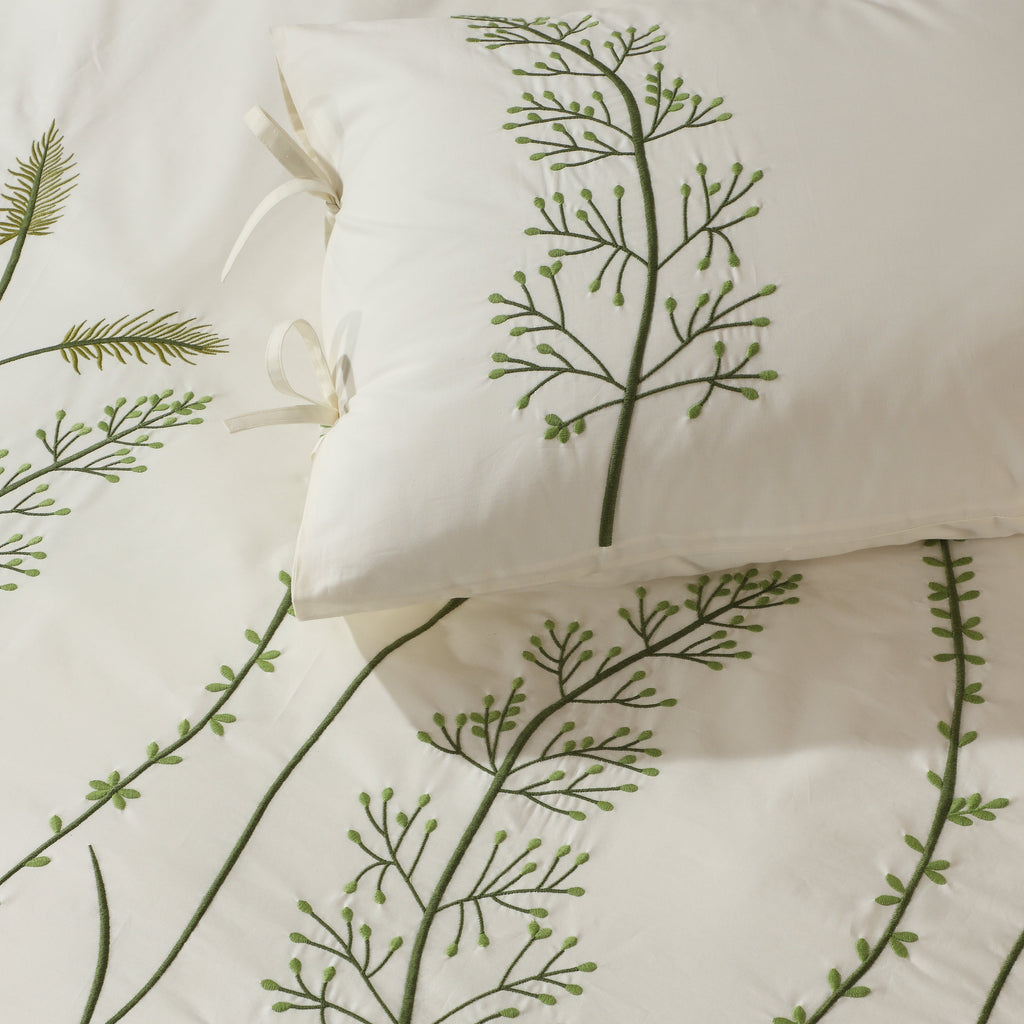 Palma — organic cotton percale green floral vines embroidered duvet cover set, 200 TC, ivory base, tie up pillowcases