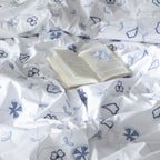 Paradiso — organic cotton percale embroidered duvet cover set, 200 TC, french inspired, blue accents, with open book
