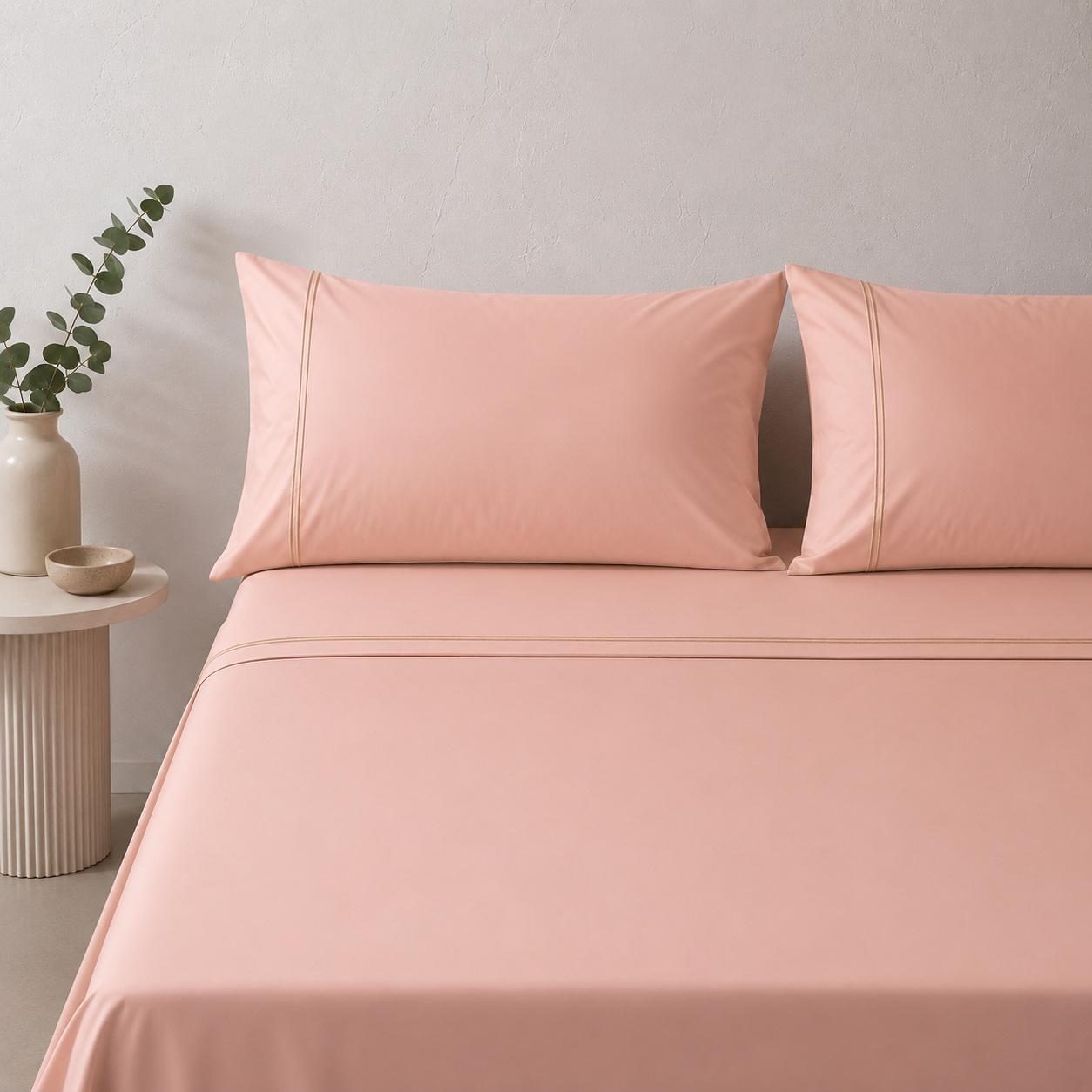 Whites of London 250TC GOTS certified Organic Cotton Coloured Sheet Set Peach Parfait – with embroidered trim luxury bed linen NZ 