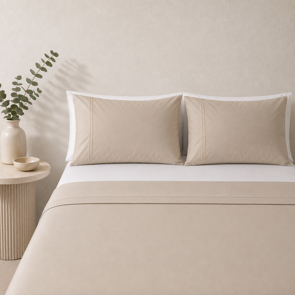 Peach Fuzz 250TC GOTS certified organic cotton sheet set. Styled with white organic GOTS certified cotton fitted sheet. 