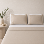 Peach Fuzz 250TC GOTS certified organic cotton sheet set. Styled with white organic GOTS certified cotton fitted sheet. 