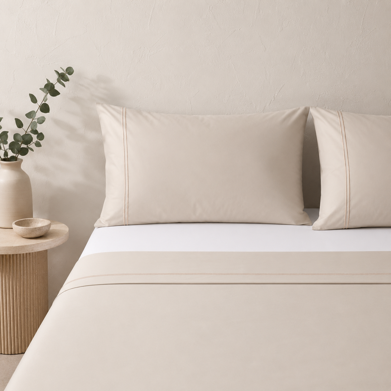 Whites of London 250TC GOTS certified Organic Cotton Coloured Sheet Set Peach Fuzz – tonal double embroidered stripe detail. With organic cotton fitted sheet