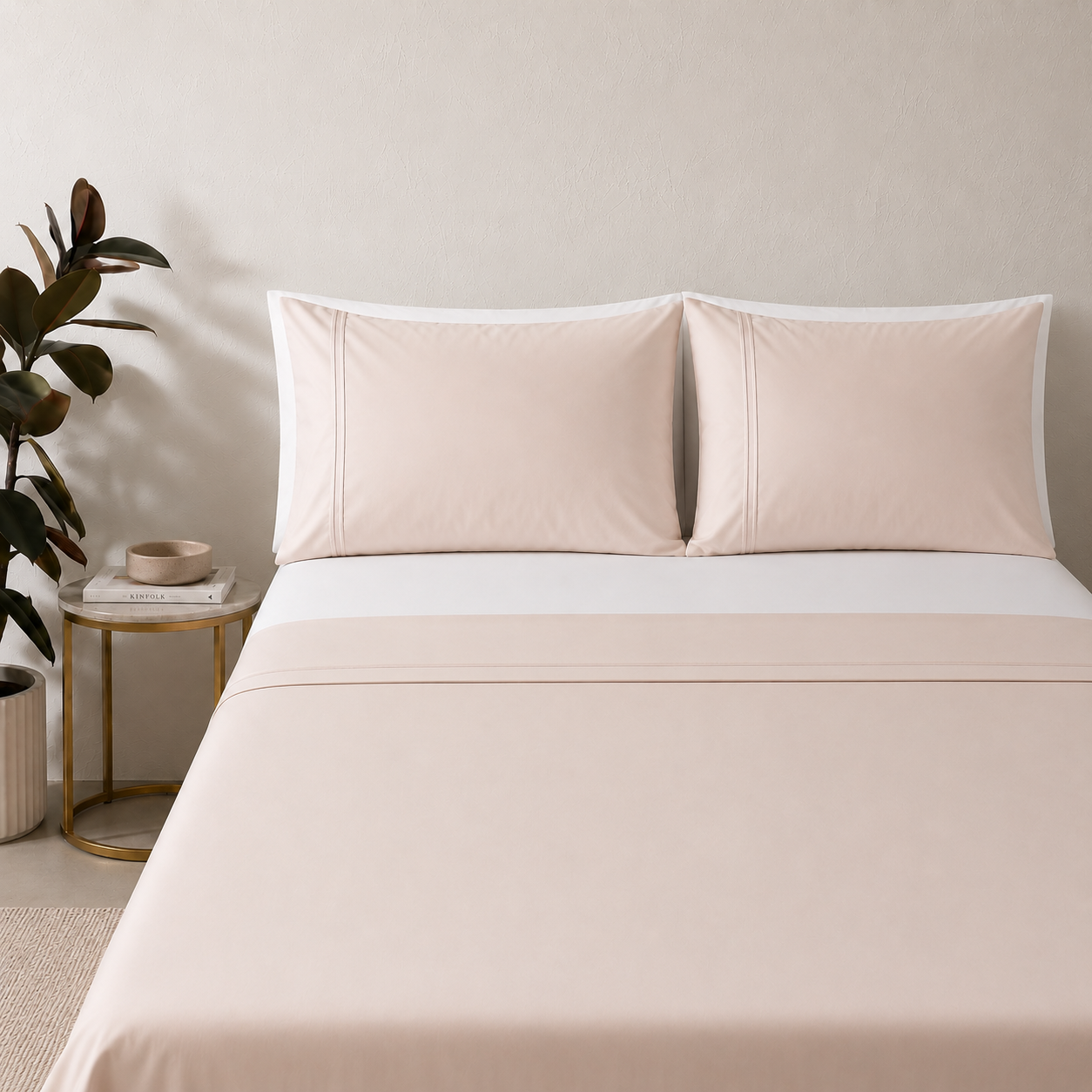 Peach mist 250TC GOTS certified organic cotton sheet set. Styled with white organic GOTS certified cotton fitted sheet. 