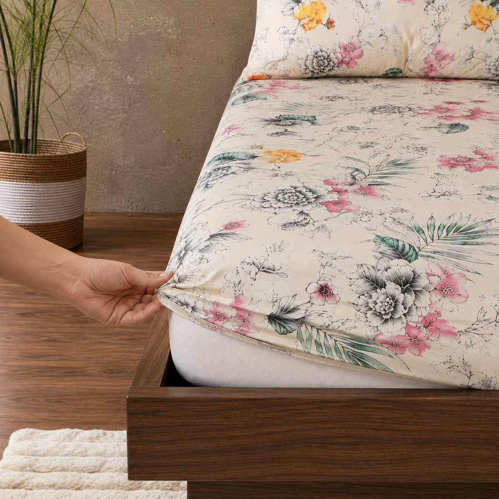 ORGANIC COTTON PRINTED FITTED SHEET SET -  PRAIRIE 250TC