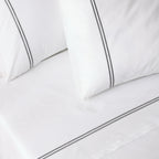 250 TC WHITE ORGANIC COTTON EMBROIDERED SHEET SET - GREYSTONE ON WHITE