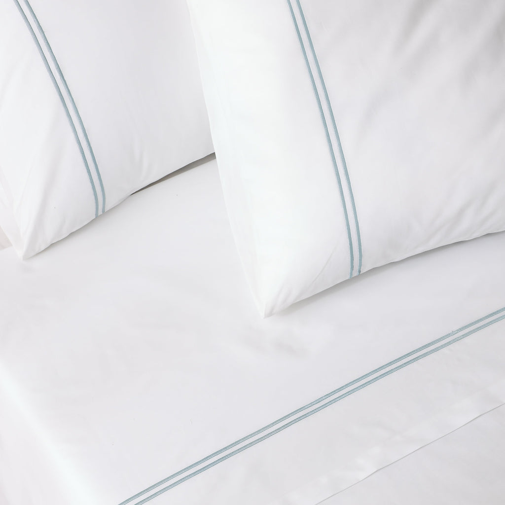 250 TC WHITE ORGANIC COTTON EMBROIDERED SHEET SET - SKY ON WHITE