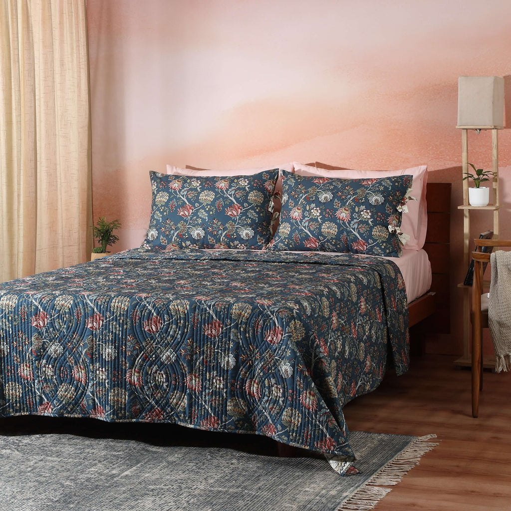 Whites of London Chintz Cotton Percale Reversible Quilt Set – dark teal floral bedroom NZ & AU