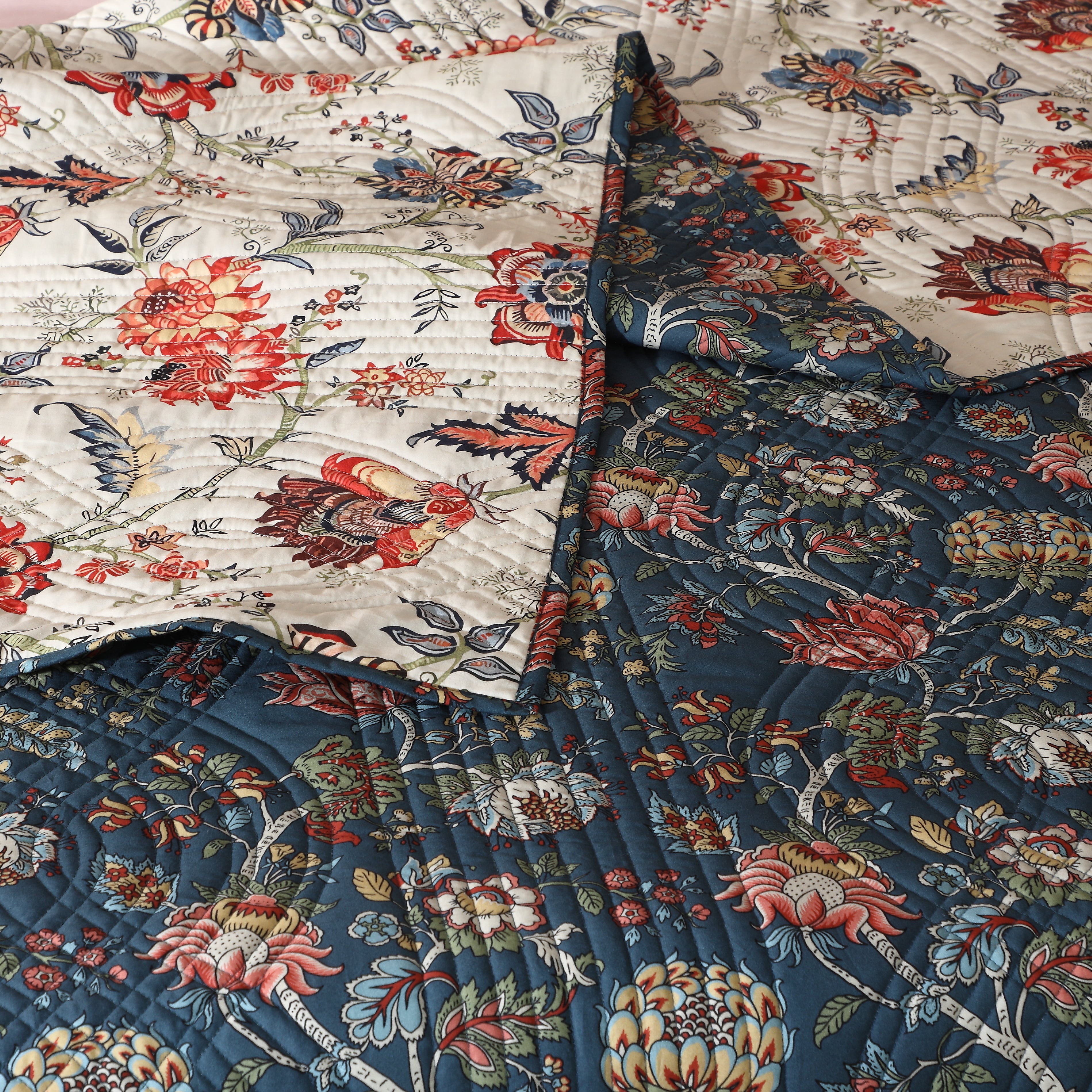 Percale Reversible Quilt Set in teal and cream jacobean botanical print close-up detail Whites of London 