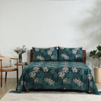 Full bedroom lifestyle shot featuring Hydrangea 250TC GOTS certified organic cotton percale printed sheet set in deep teal floral