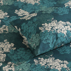 Detail of Hydrangea teal floral design on pillowcase, 250TC GOTS certified organic cotton percale printed sheet set close-up