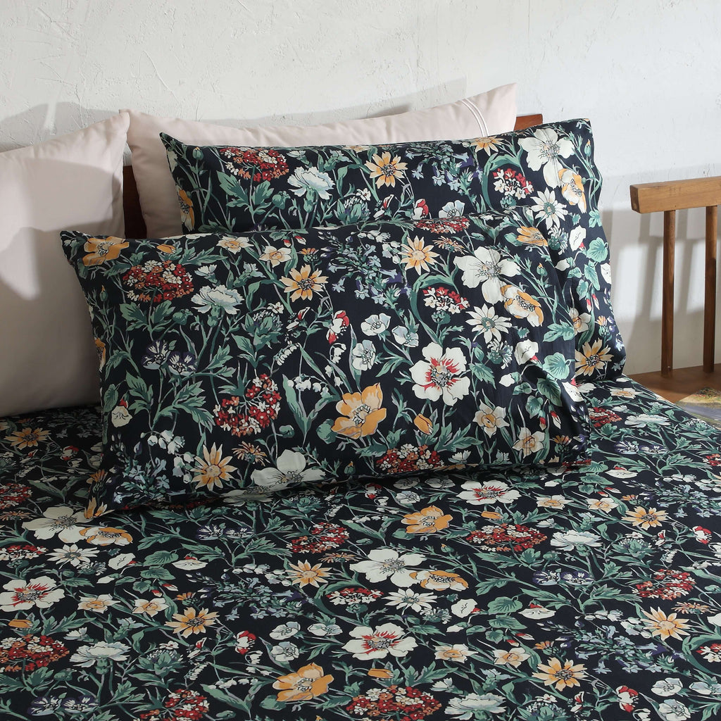 GOTS certified Organic Cotton Percale Printed Sheet Set Adriana Black 250TC pillowcase styled on bed