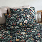 GOTS certified Organic Cotton Percale Printed Sheet Set Adriana Black 250TC pillowcase styled on bed