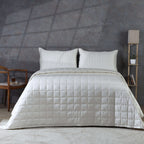 Full bed front on with ivory quilted bedspread concrete wall: Ivory bamboo cotton bedspread set quilted square pattern full bed Whites of London NZ