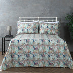 organic cotton percale printed sheet set featuring botanical illustration in terracotta and teal colors
