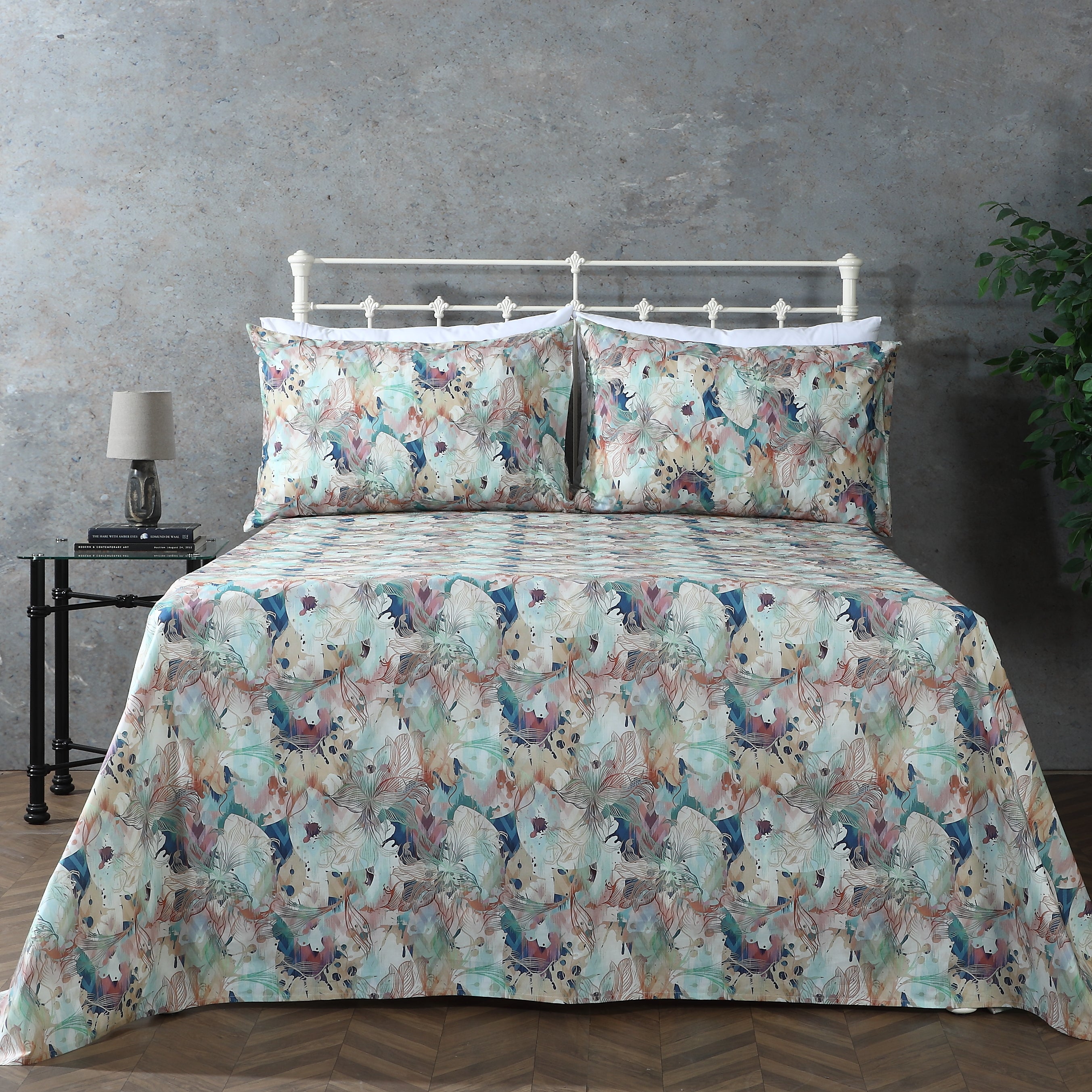 organic cotton percale printed sheet set featuring botanical illustration in terracotta and teal colors