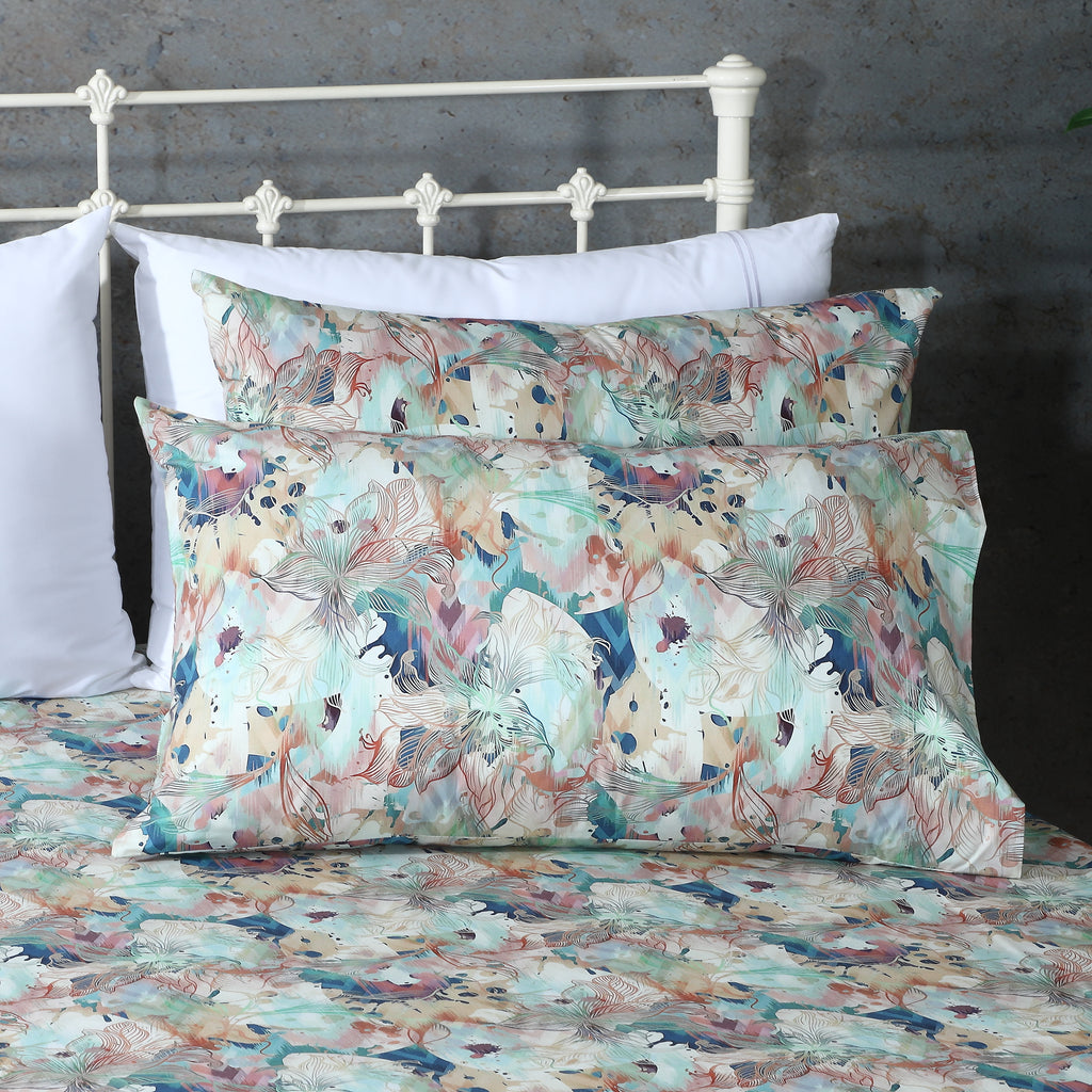 Whites of London Florentine GOTS certified Organic Cotton Percale Printed Sheet Set - Styled White Bed Frame