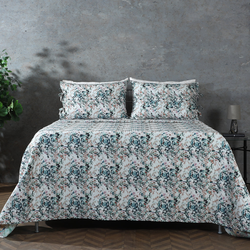 Whites of London Florentine Percale Reversible Quilt Set - Dark Botanical Print Face View