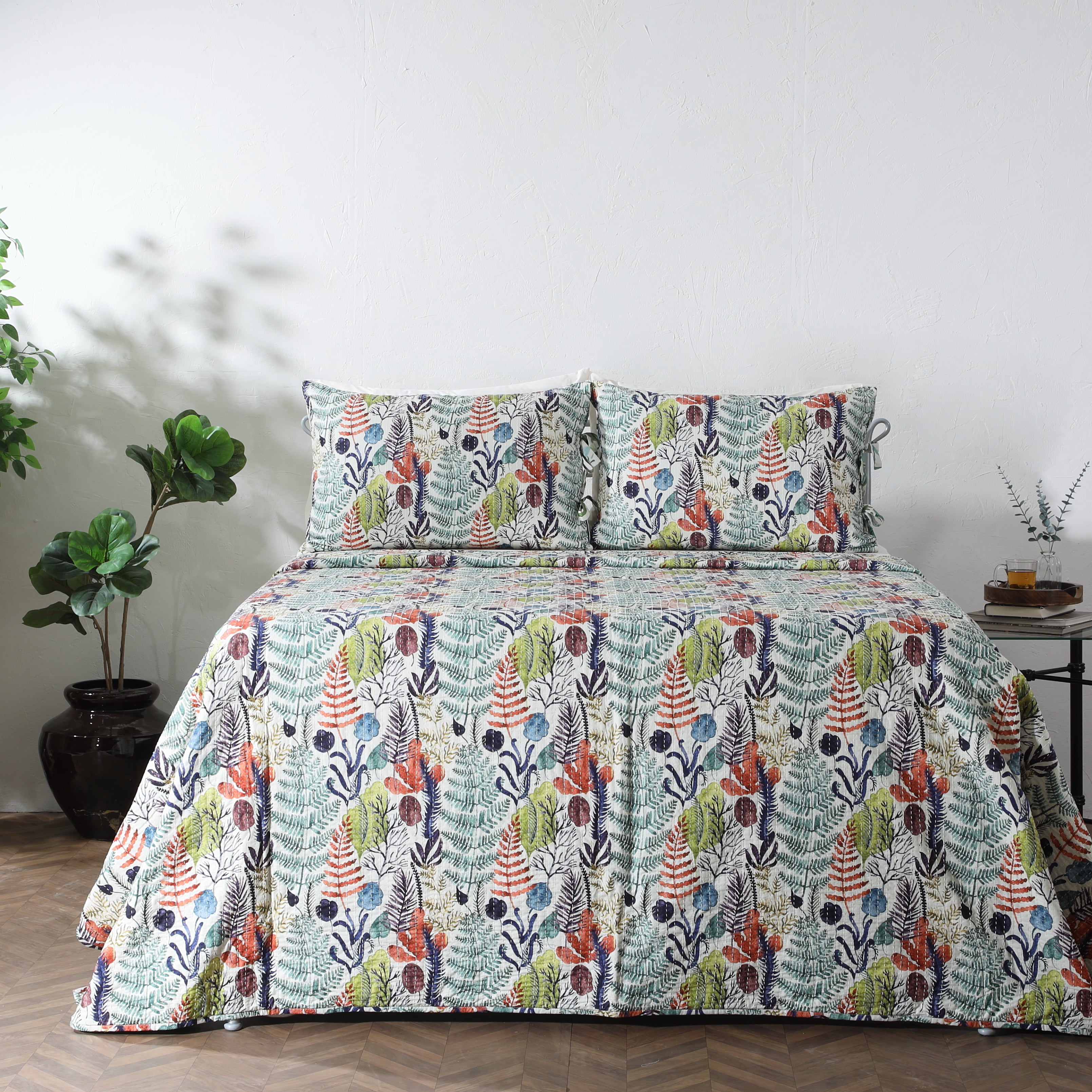 WHITES OF LONDON NZ - REVERSIBLE COTTON BEDSPREAD SET - BOTANICAL MIST SIDE 