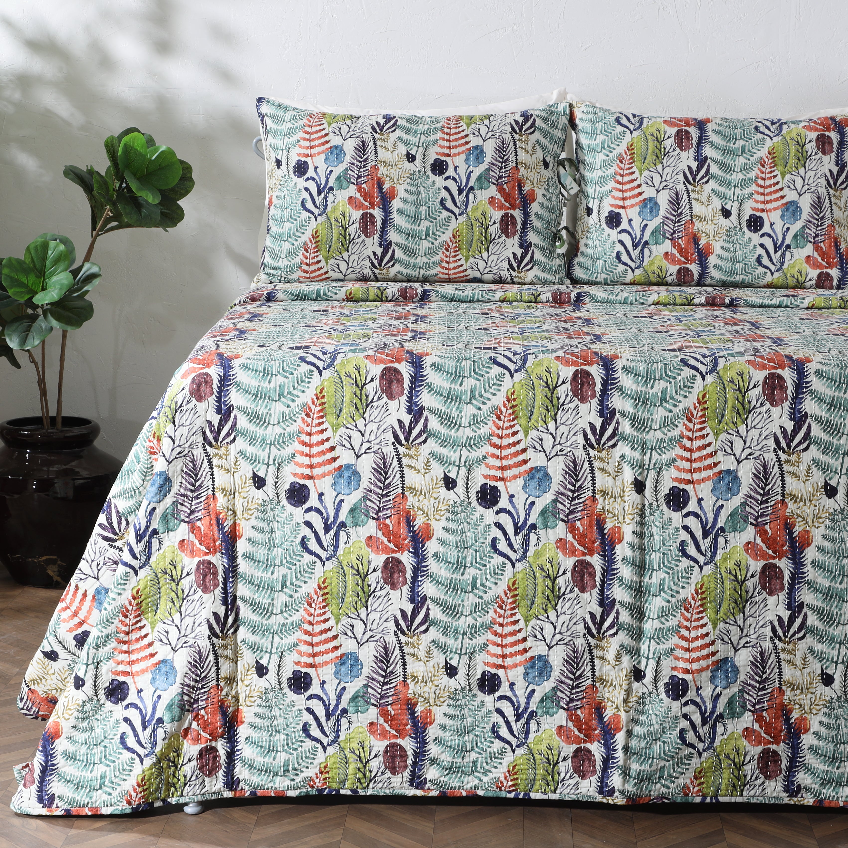 REVERSIBLE COTTON BEDSPREAD SET - BOTANICAL MIST