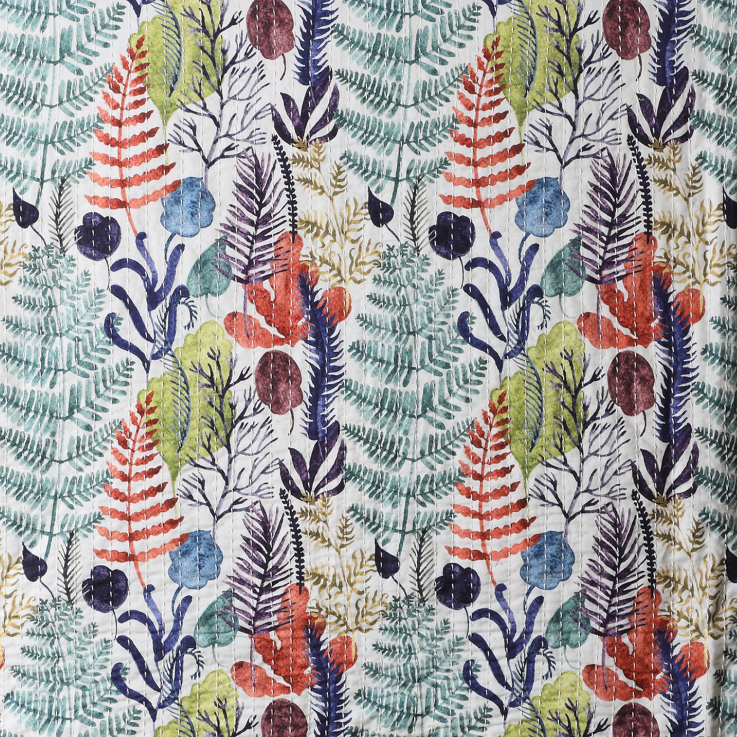 CLOSE UP OF WHITES OF LONDON NZ - REVERSIBLE COTTON BEDSPREAD SET - BOTANICAL MIST SIDE 