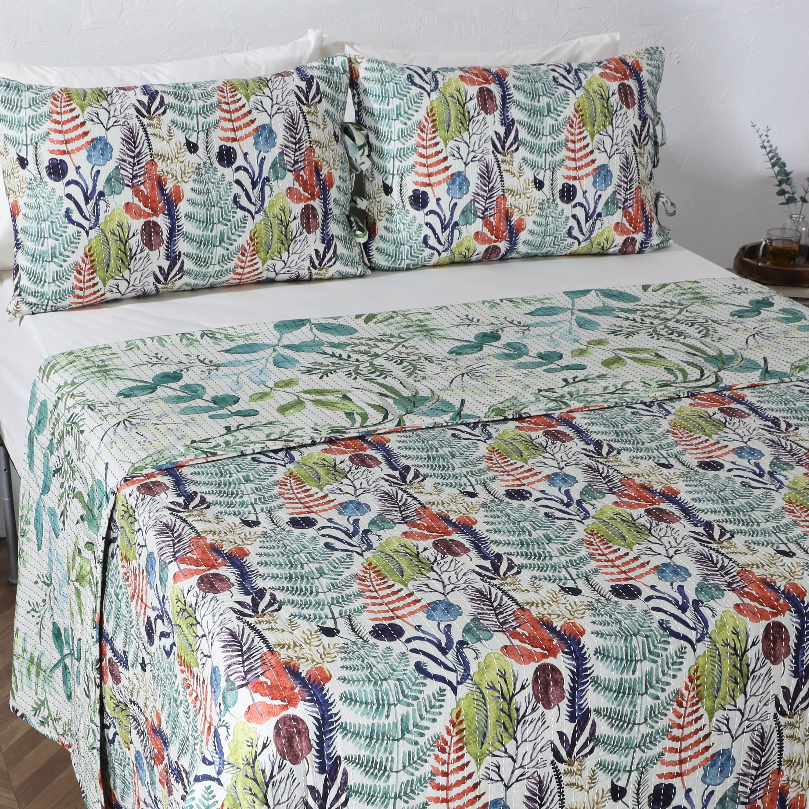 ANOTHER IMPAGE WHITES OF LONDON NZ - REVERSIBLE COTTON BEDSPREAD SET - BOTANICAL MIST SIDE  WITH EVERGREEN MEDLEY 