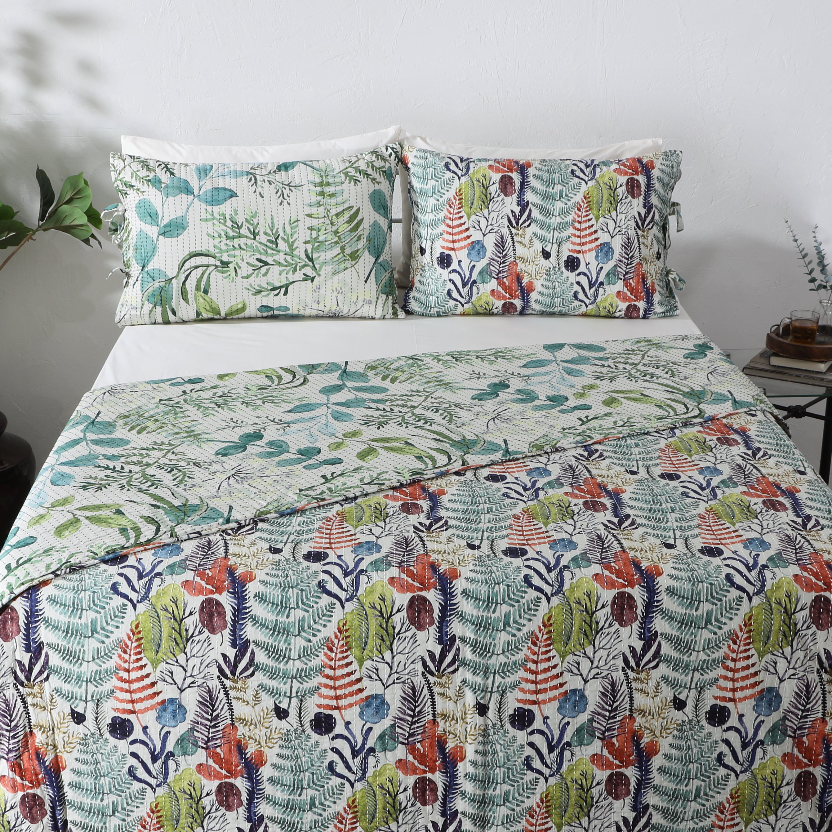 REVERSIBLE COTTON BEDSPREAD SET - BOTANICAL MIST AND EVERGREEN MEDLEY