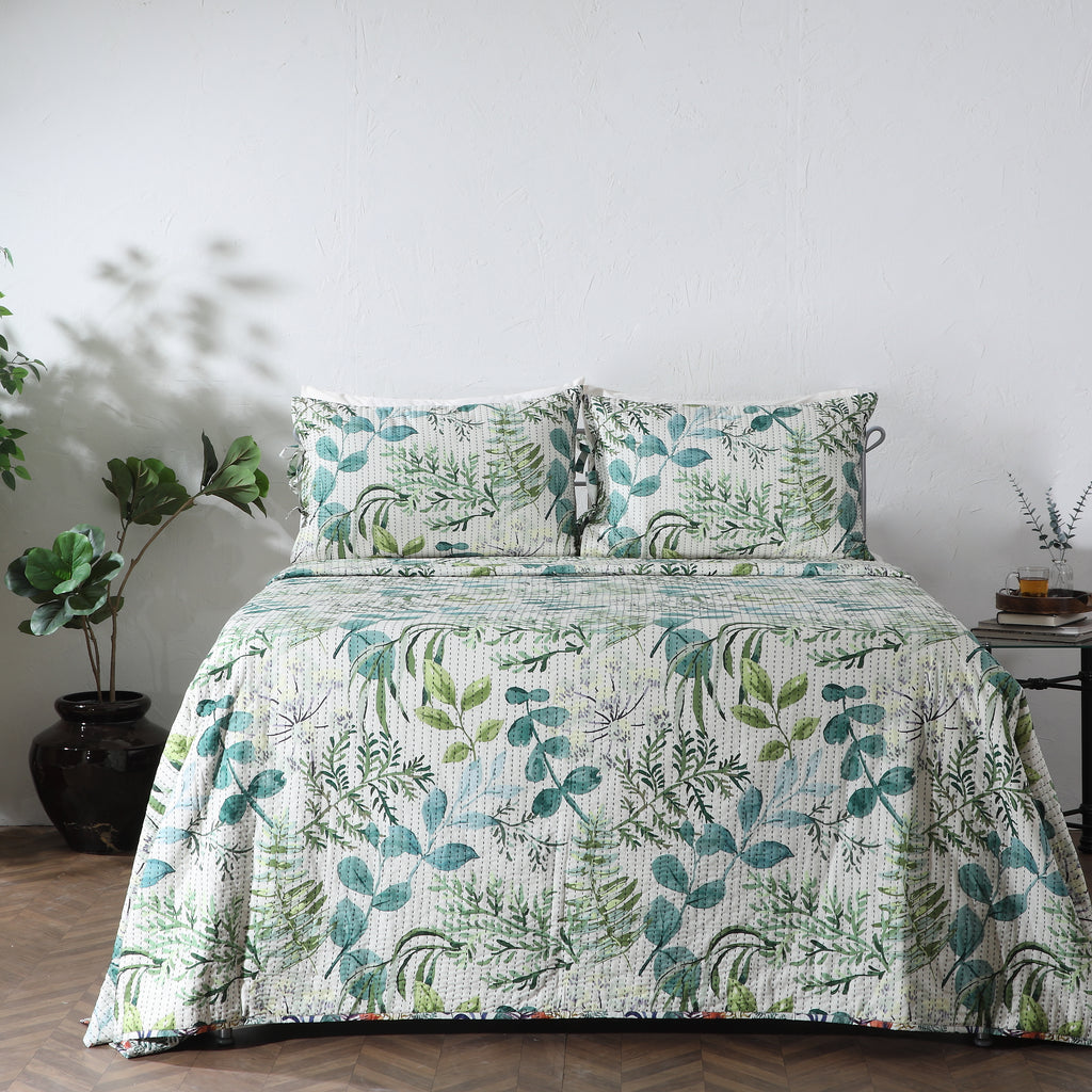 WHITES OF LONDON NZ - REVERSIBLE COTTON BEDSPREAD SET -EVERGREEN MEDLEY SIDE FULL VIEW