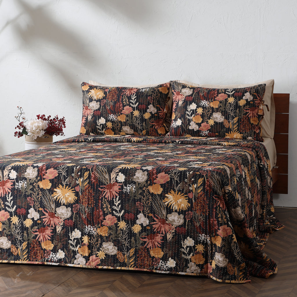 side view of REVERSIBLE COTTON BEDSPREAD SET - EMBER GARDEN  by  Whites of London NZ