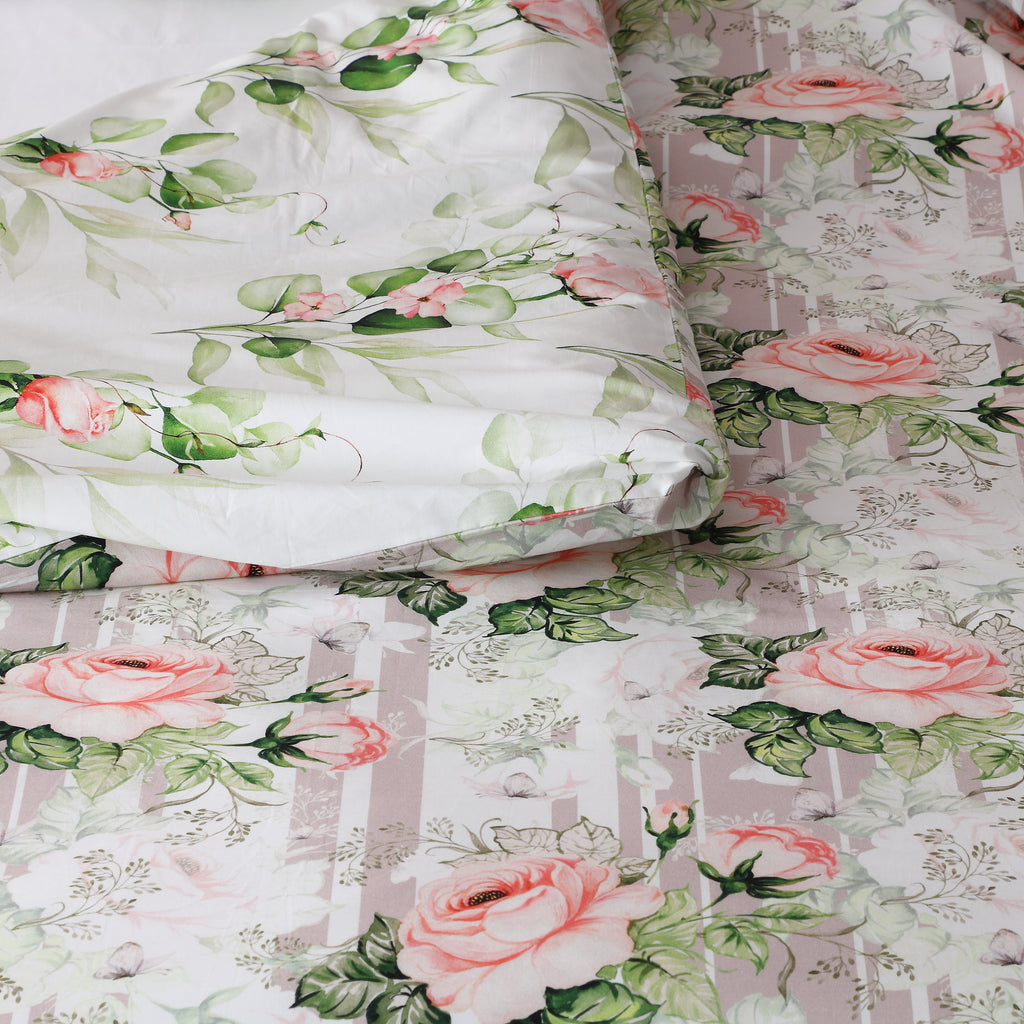 another close up image showcasing both sides Whites of London NZ REVERSIBLE PRINTED DUVET COVER SET - WHISPERING ROSE 250TC 