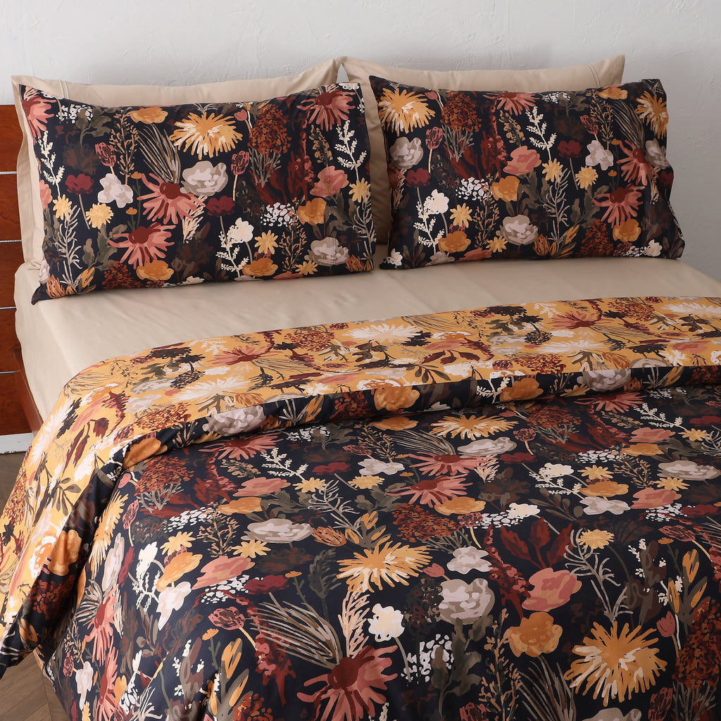 showing both sides of Whites of London NZ REVERSIBLE PRINTED DUVET COVER SET - EMBER GARDEN 250TC 