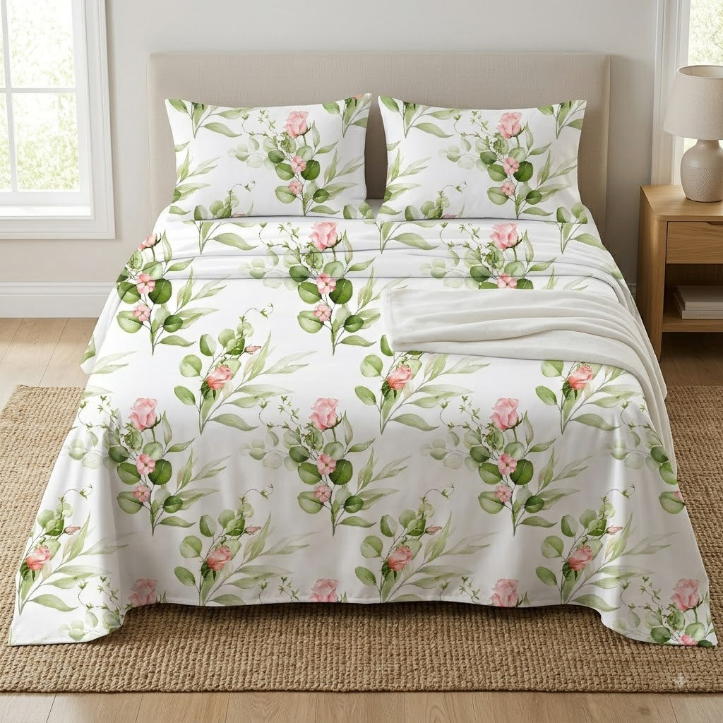 full bed view of Whites of London NZ Rambling Rose GOTS certified Organic Cotton Percale Printed Sheet Set 250TC 
