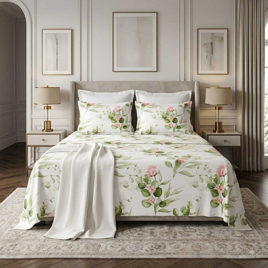 front view Whites of London NZ Rambling Rose GOTS certified Organic Cotton Percale Printed Sheet Set 250TC 