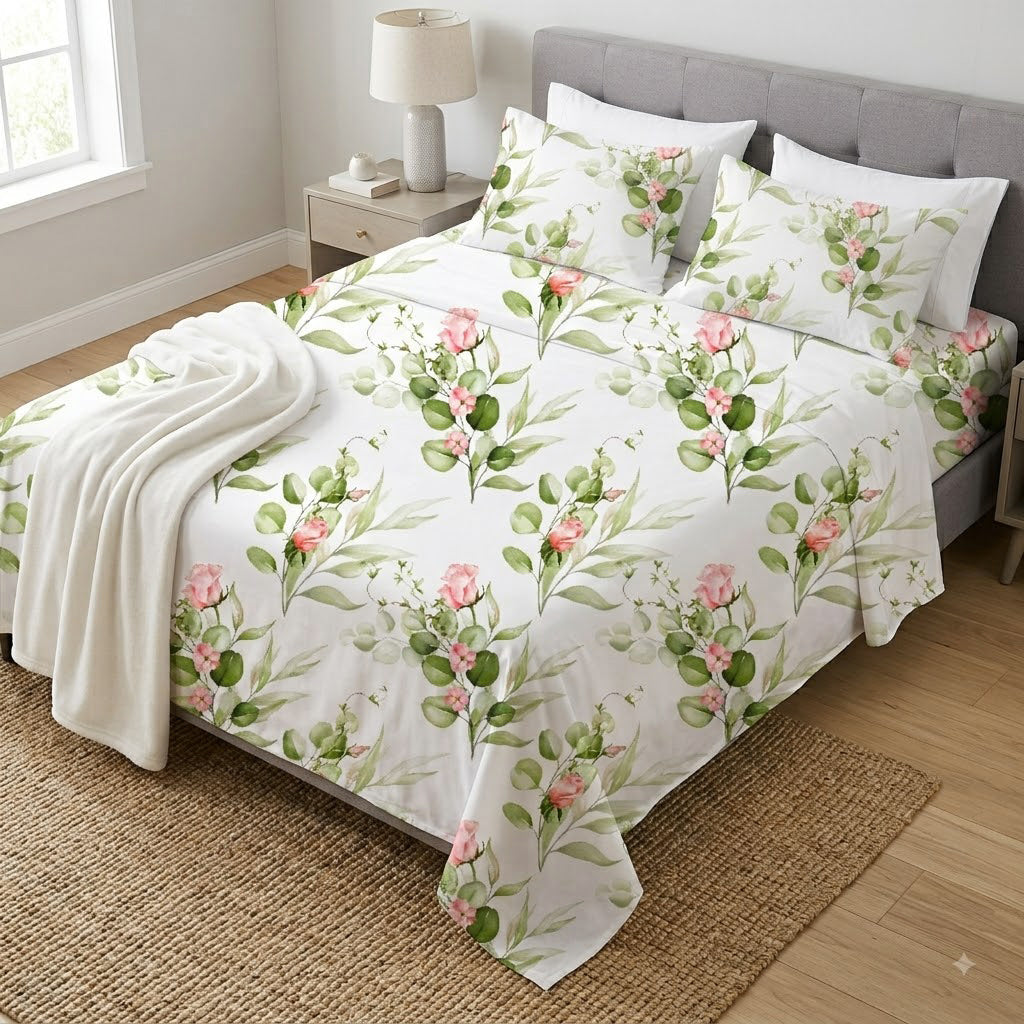 top view Whites of London NZ Rambling Rose GOTS certified Organic Cotton Percale Printed Sheet Set 250TC 