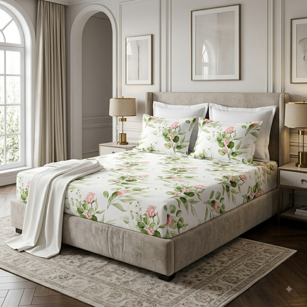 side view of the fitted sheets and matching pillowcases of the Whites of London NZ Rambling Rose GOTS certified Organic Cotton Printed Fitted Sheet Set 250TC 