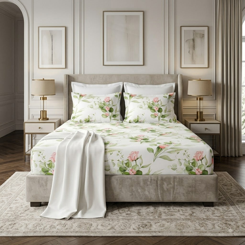 fitted sheet styled on a bed with matching pillowcases Whites of London NZ Rambling Rose GOTS certified Organic Cotton Printed Fitted Sheet Set 250TC 
