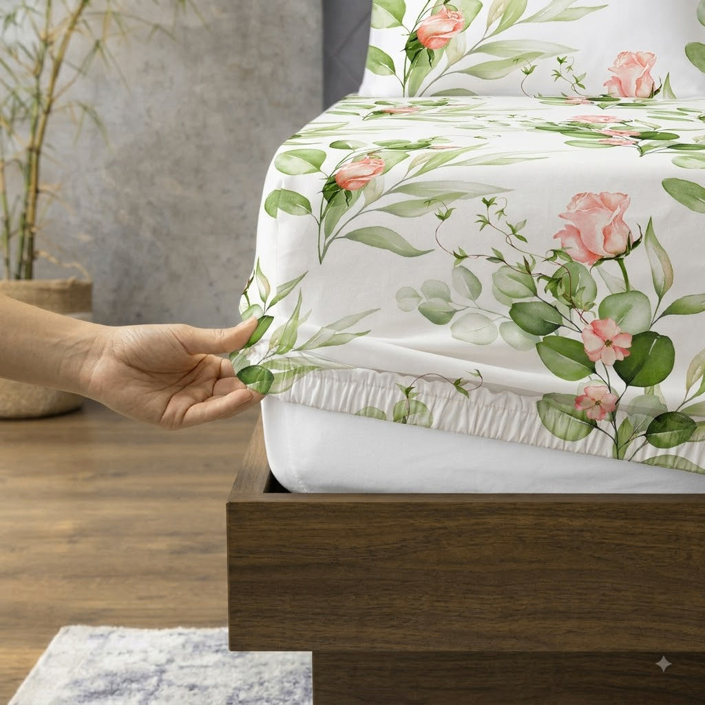 fitted sheet of the Whites of London NZ Rambling Rose GOTS certified Organic Cotton Percale Printed Sheet Set 250TC 
