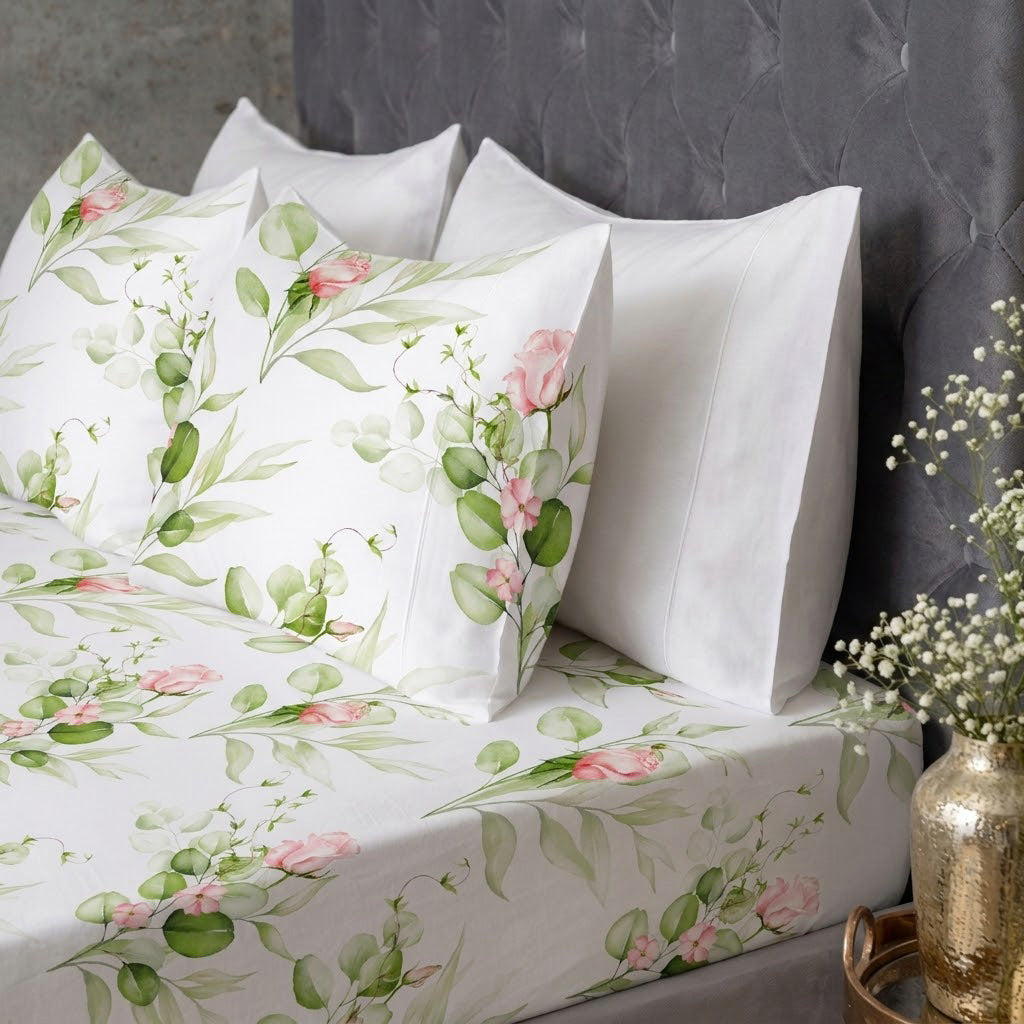matching pillowcase and fitted sheet of the Whites of London NZ Rambling Rose GOTS certified Organic Cotton Percale Printed Sheet Set 250TC 