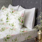 matching pillowcase and fitted sheet of the Whites of London NZ Rambling Rose GOTS certified Organic Cotton Percale Printed Sheet Set 250TC 