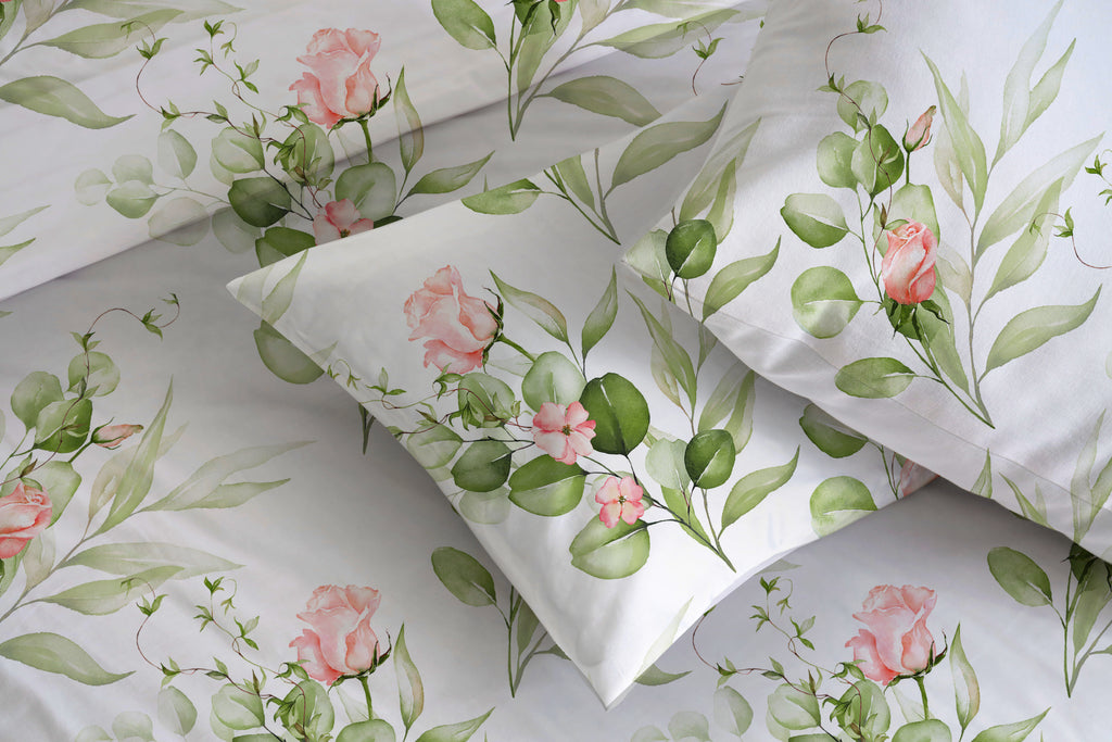 close up of the Whites of London NZ Rambling Rose GOTS certified Organic Cotton Percale Printed Sheet Set 250TC 