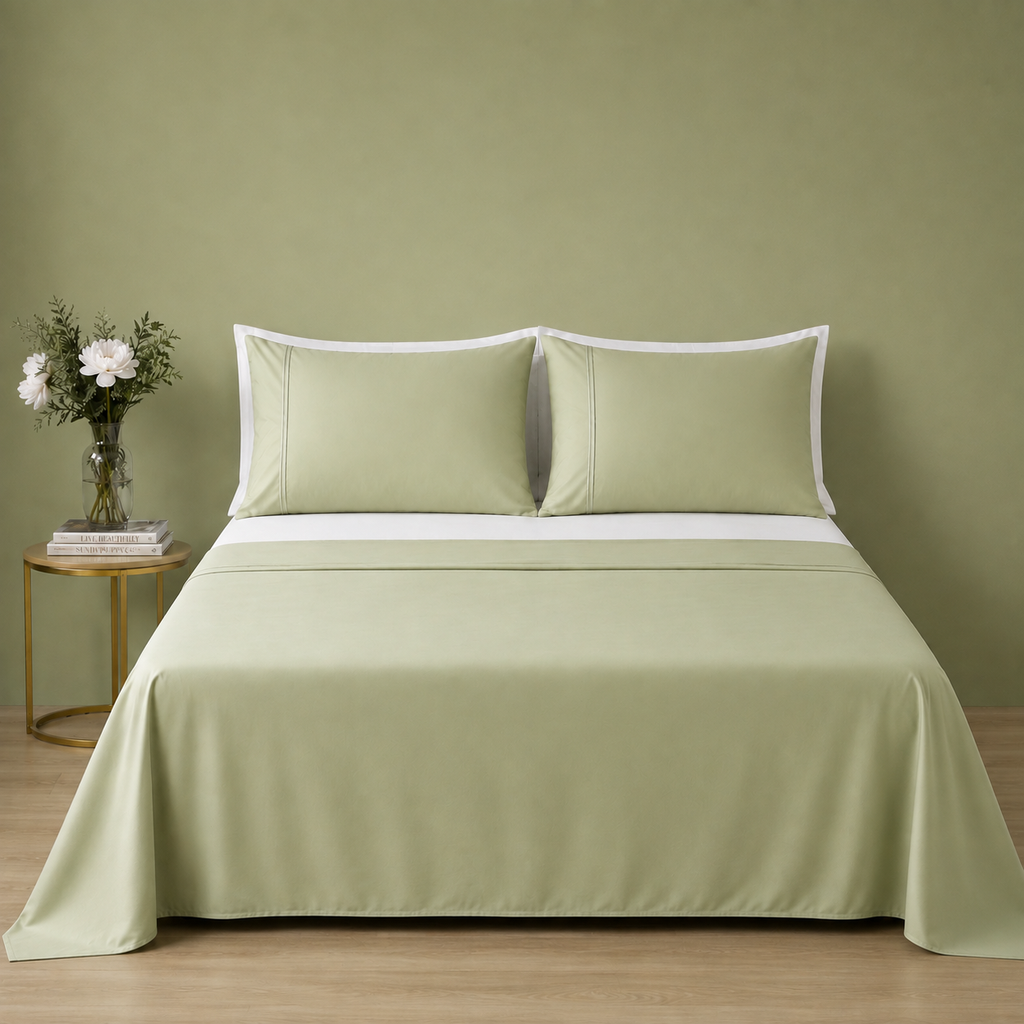Reef 250TC GOTS certified organic cotton sheet set by Whites of London NZ. Styled with white organic GOTS certified cotton white fitted sheet and pillow cases