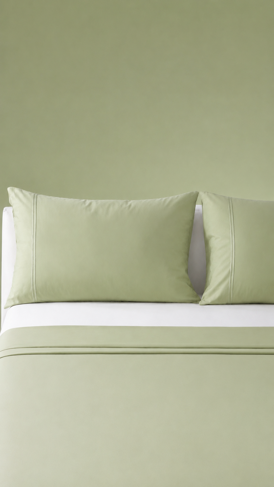 Whites of London 250TC GOTS certified Organic Cotton Coloured Sheet Set Reef – soft sage green bed linen NZ styled with white fitted sheet