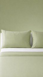 Whites of London 250TC GOTS certified Organic Cotton Coloured Sheet Set Reef – soft sage green bed linen NZ styled with white fitted sheet