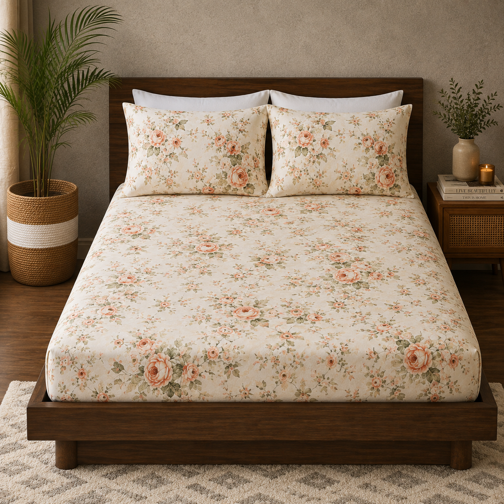 ORGANIC COTTON PERCALE PRINTED SHEET SET - ROSETTE 250TC