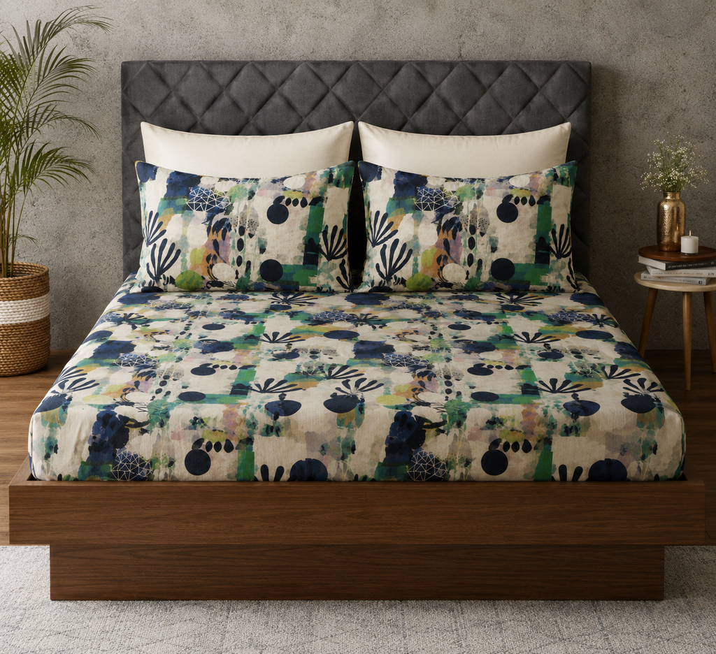 full bed view of ORGANIC COTTON PRINTED FITTED SHEET SET - SAFARI 250TC