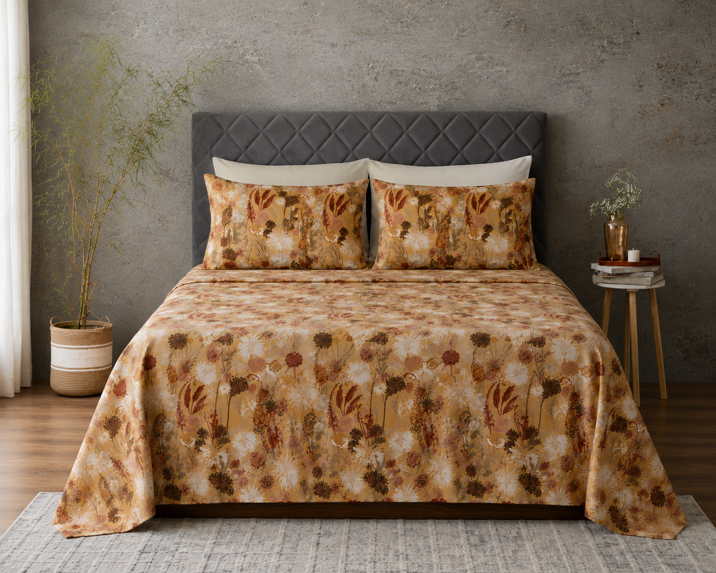Full front bed view of Whites of London NZ Organic Cotton Percale Printed Sheet Set Savannah 250TC 
