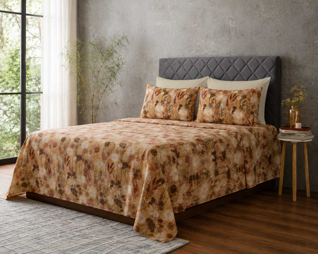 Side angle view of Whites of London NZ Organic Cotton Percale Printed Sheet Set Savannah 250TC 