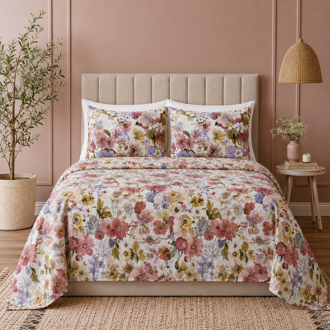A full bed view of Whites of London NZ Serenity GOTS certified Organic Cotton Percale Printed Sheet Set 250TC 