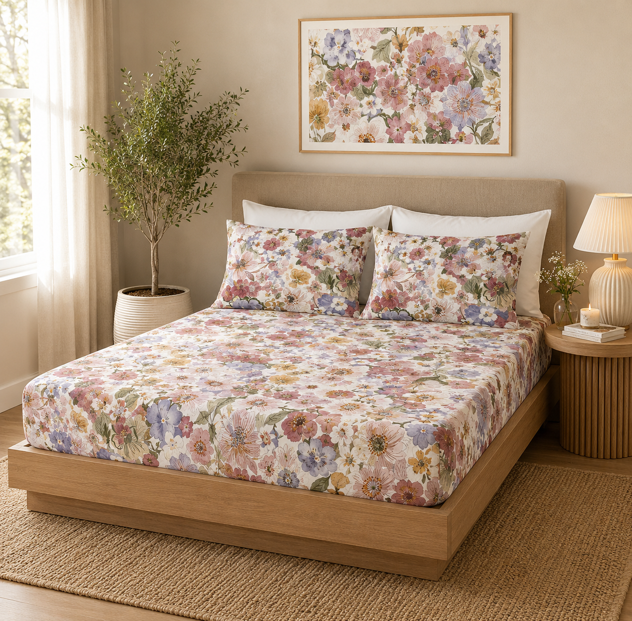 side view of Whites of London NZ Serenity GOTS certified Organic Cotton Printed Fitted Sheet Set 250TC 